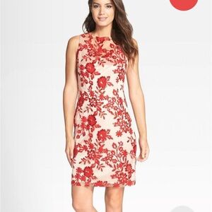 Chic Red Floral Sequin Embroidered Midi Dress